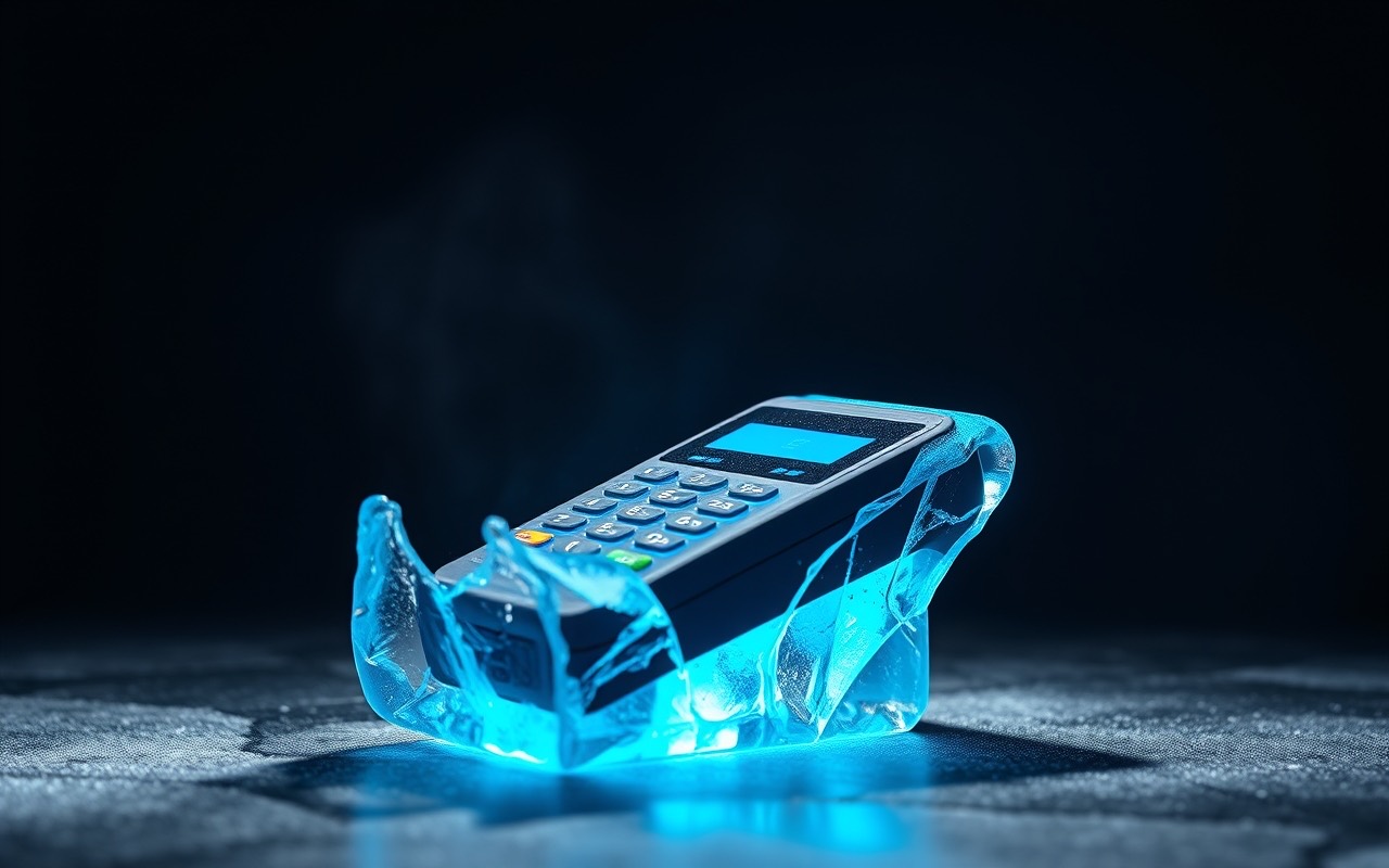 Terminale di pagamento incastonato in un blocco di ghiaccio trasparente illuminato di azzurro, appoggiato su un pavimento scuro coperto di brina