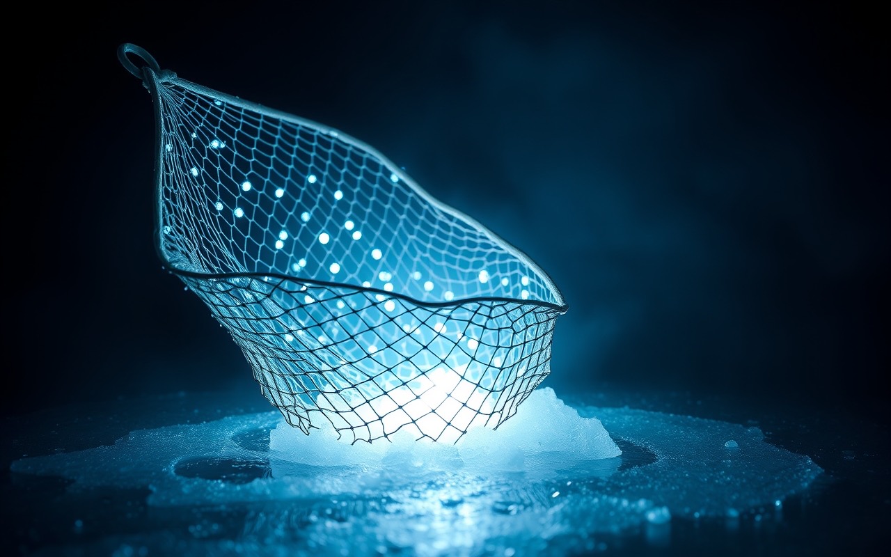 Una rete a maglie fini appoggiata su un blocco di ghiaccio luminoso, con piccole luci intrappolate nelle maglie, in una stanza blu notte