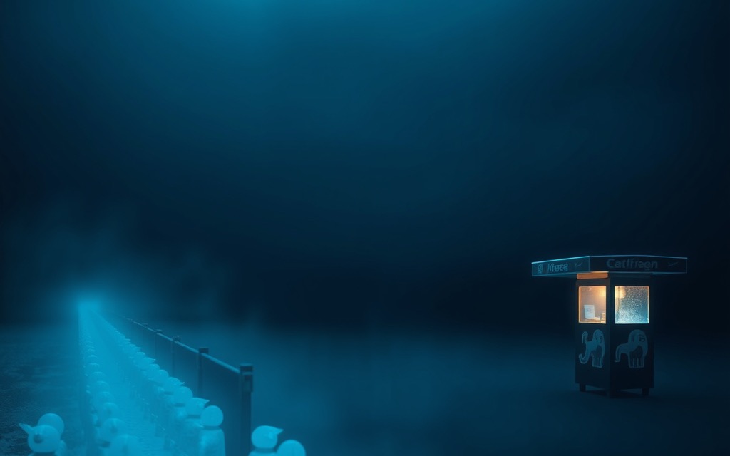 Una fila di piccole figure di ghiaccio che si dissolve nella nebbia accanto a un unico totem di ghiaccio acceso, su fondo scuro
